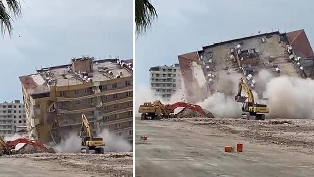 Hatay'da ağır hasarlı bina böyle yıkıldı