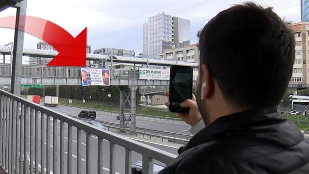 İstanbul'daki üst geçitte tuhaf pankart! Görenler şaşkına döndü: 'Dikkat' notuyla fotoğrafını bastırıp astı