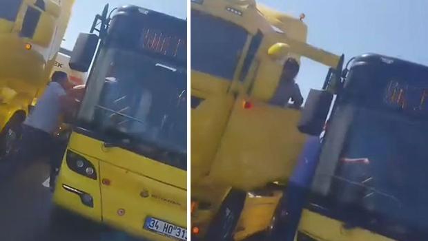 Maltepe D-100 Karayolu’nda kavga... TIR'dan inip otobüs şoförüne saldırdı
