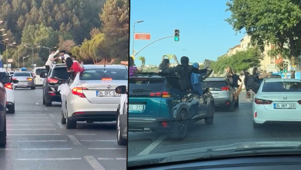 İlçeler farklı görüntüler aynı! Düğün konvoyunda slalom yapıp camdan sarktılar