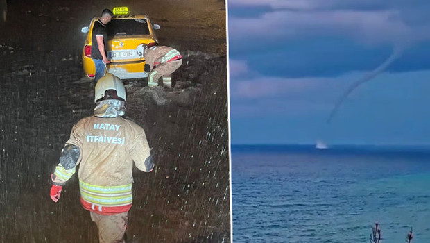 Hatay'ı sağanak vurdu! Çukurlara araçlar düştü, hortum oluştu